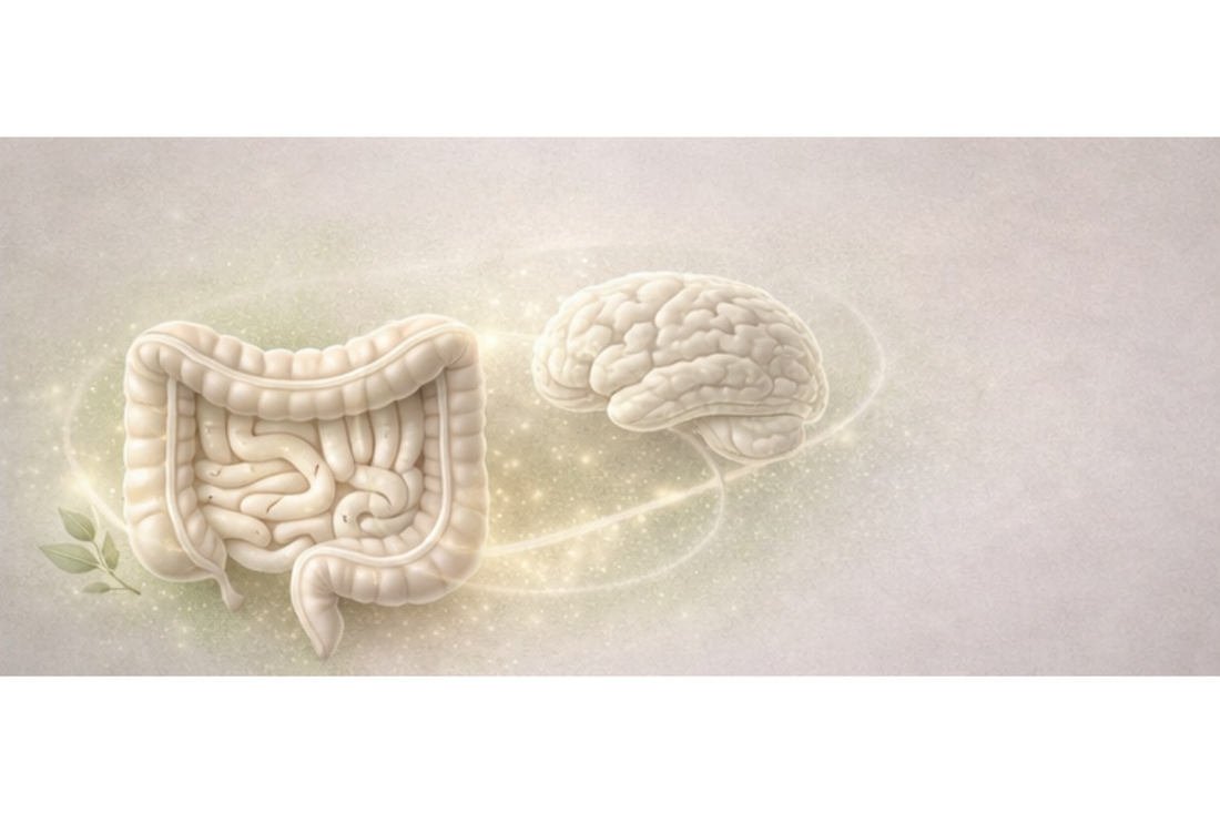 Illustration of how stress affects digestion through the gut brain axis connection showing intestines and brain linked by a glowing pathway