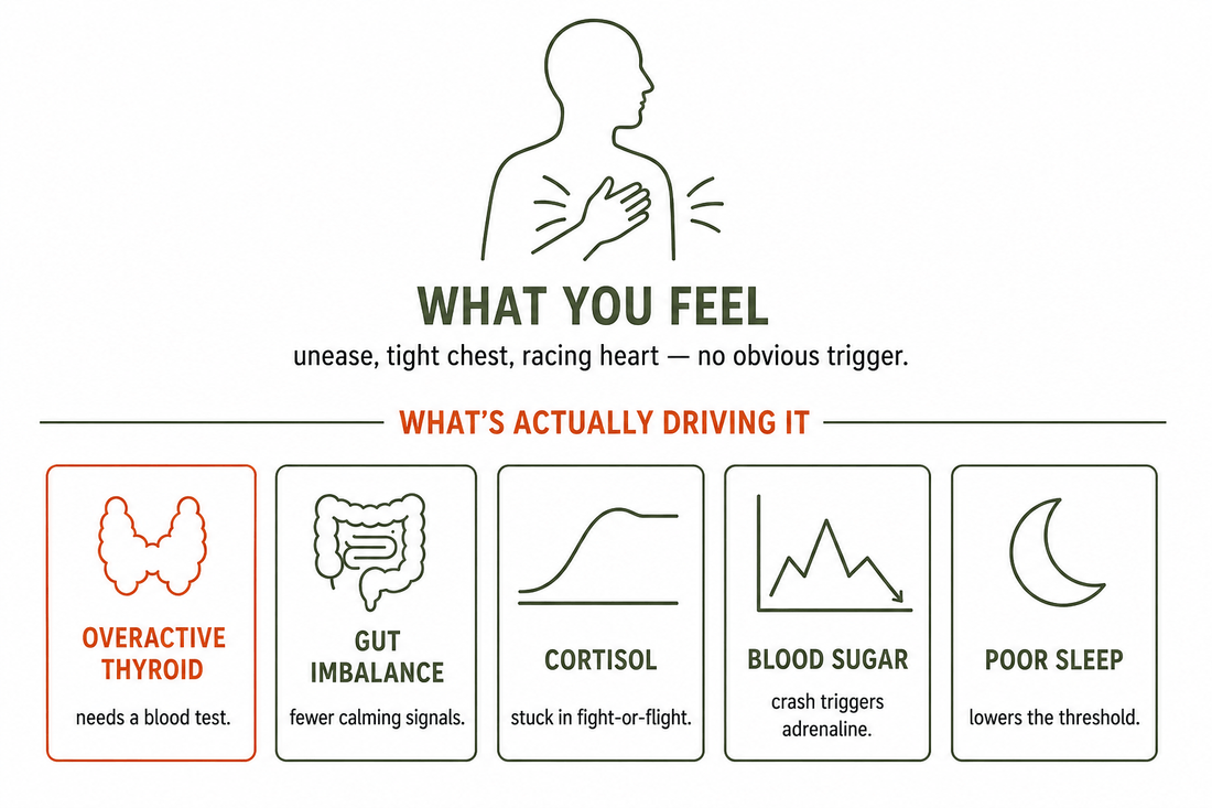 Anxiety with no obvious trigger traced to thyroid, gut imbalance, cortisol, blood sugar, and poor sleep