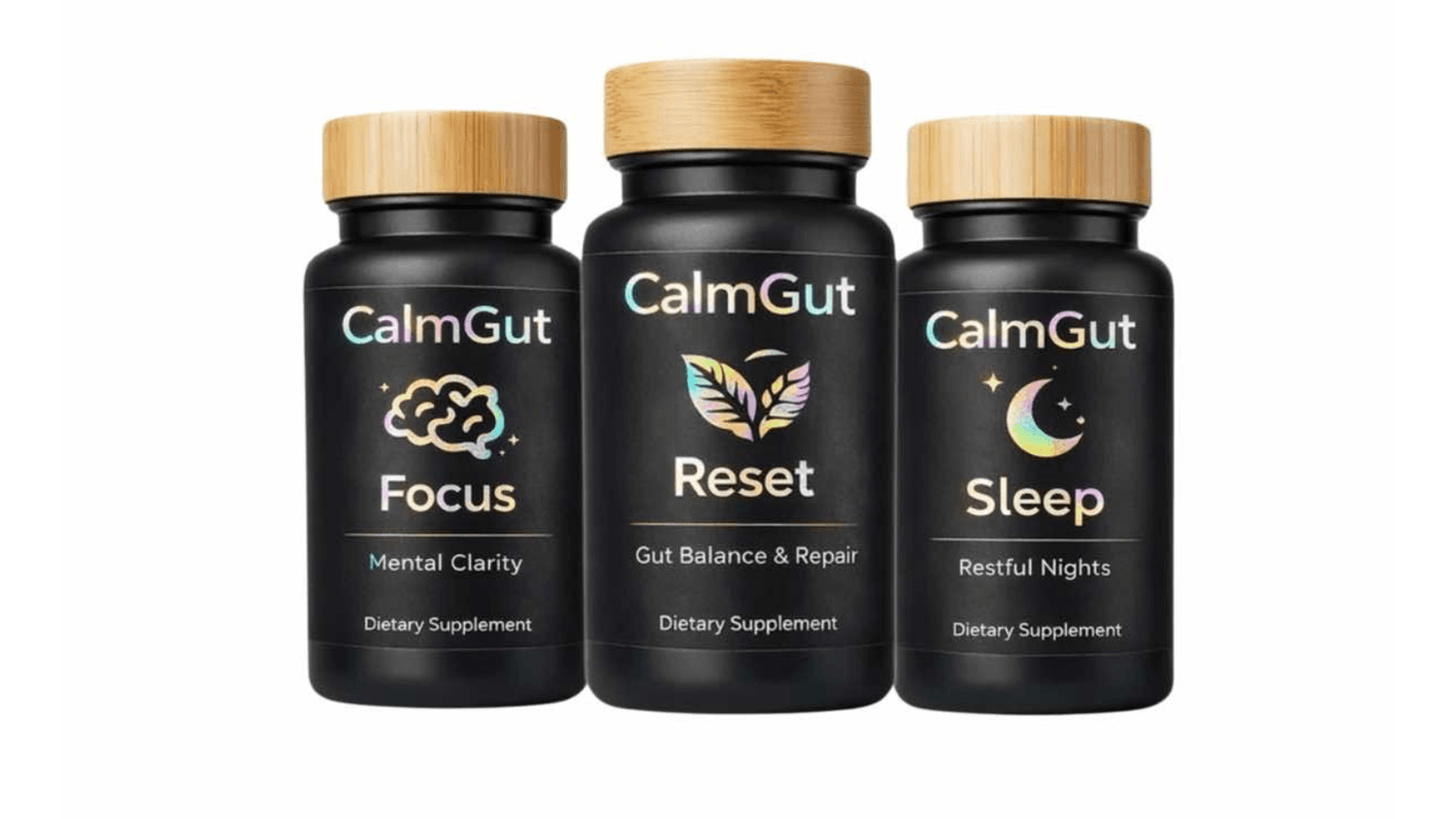 CalmGut gut health supplement collection - Reset, Focus, and Sleep formulas for gut-brain support