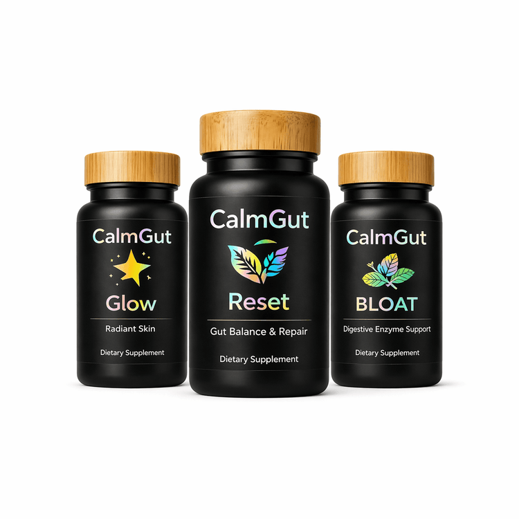 CalmGut microbiome support collection – Reset, Glow, and Bloat formulas for gut balance and digestion