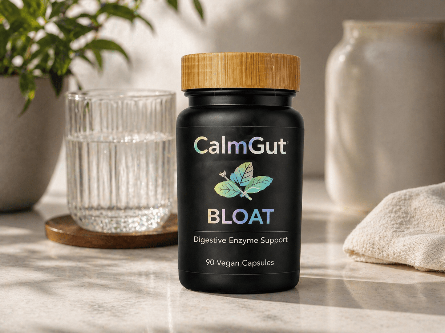 CalmGut Bloat bottle on bathroom counter — daily digestive support for bloating relief