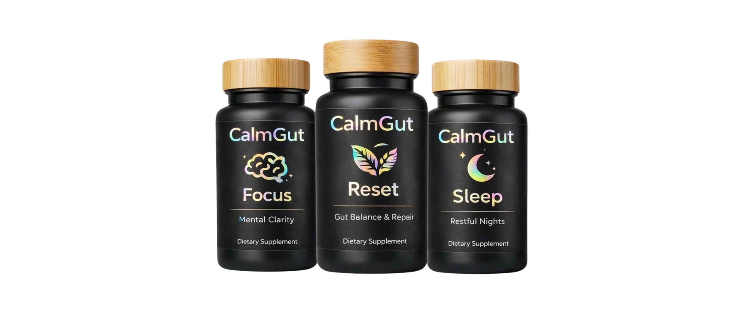 CalmGut Starter Bundle- Focus, Reset, and Sleep supplement bottles