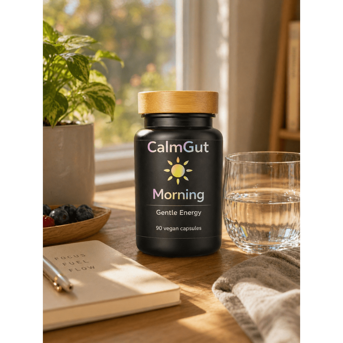 CalmGut Morning bottle on sunlit table with water, berries, and journal — daily energy and focus