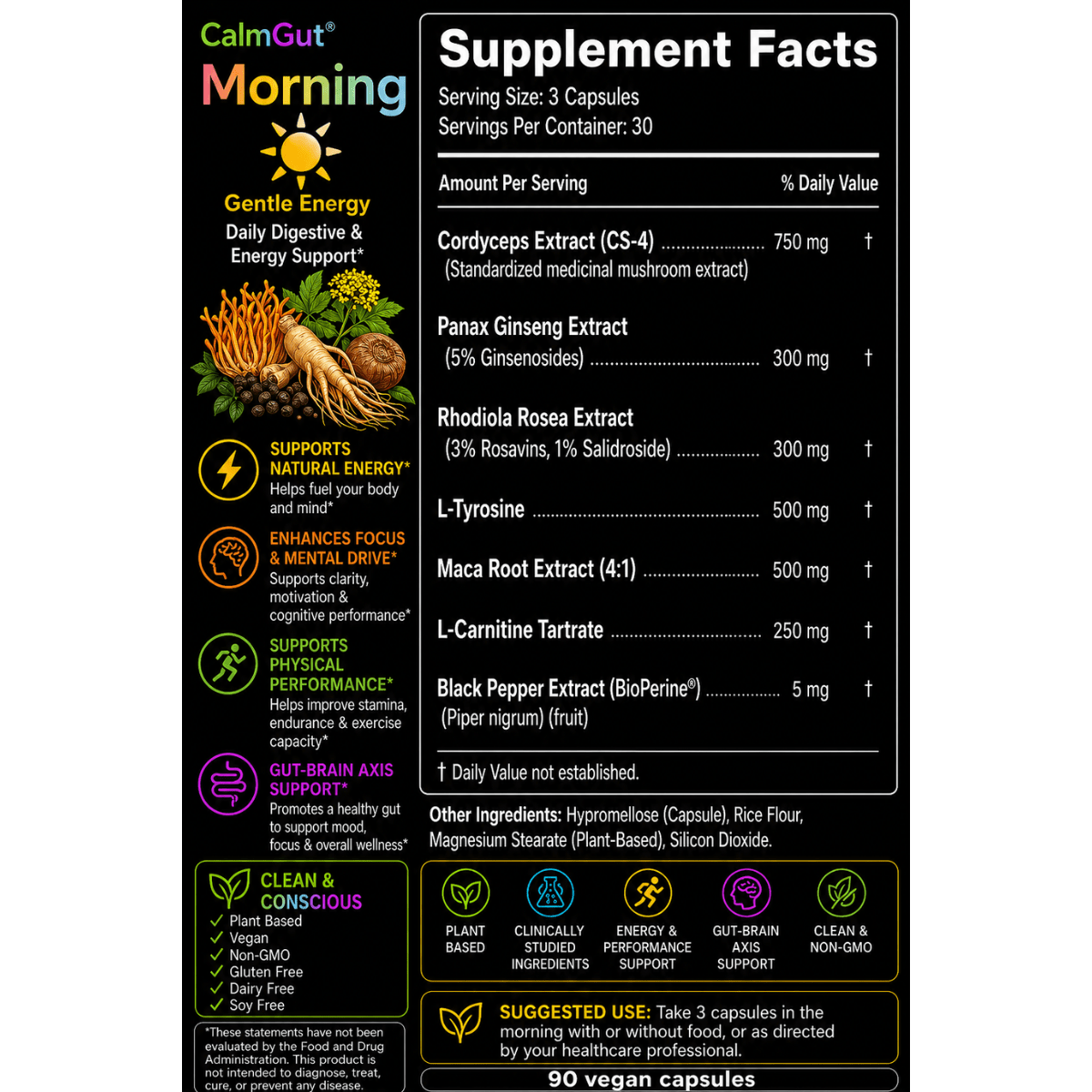 CalmGut Morning supplement facts — Cordyceps, Panax Ginseng, Rhodiola, L-Tyrosine, Maca, L-Carnitine