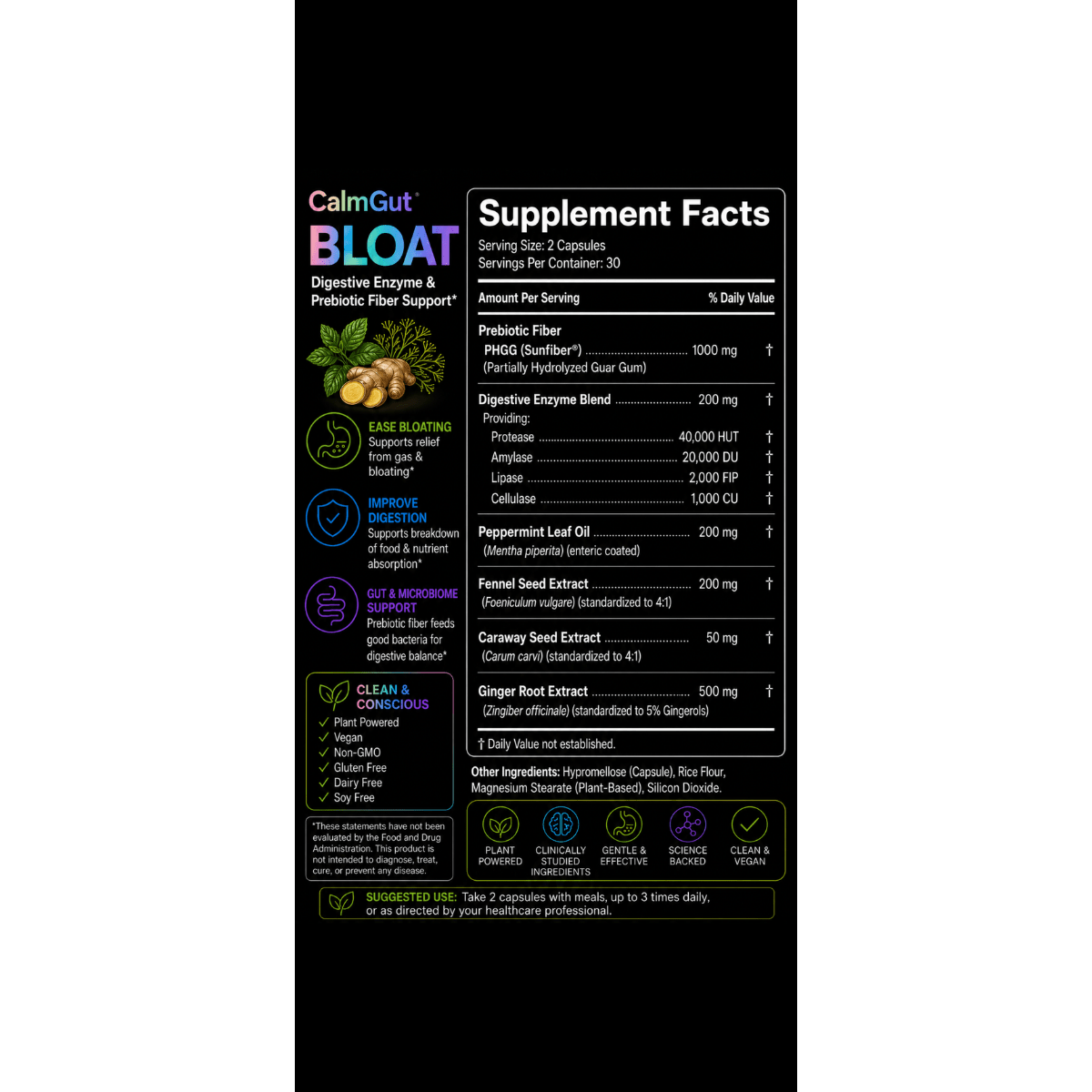 CalmGut Bloat supplement facts — PHGG Sunfiber, digestive enzymes, peppermint, fennel, caraway, ginger