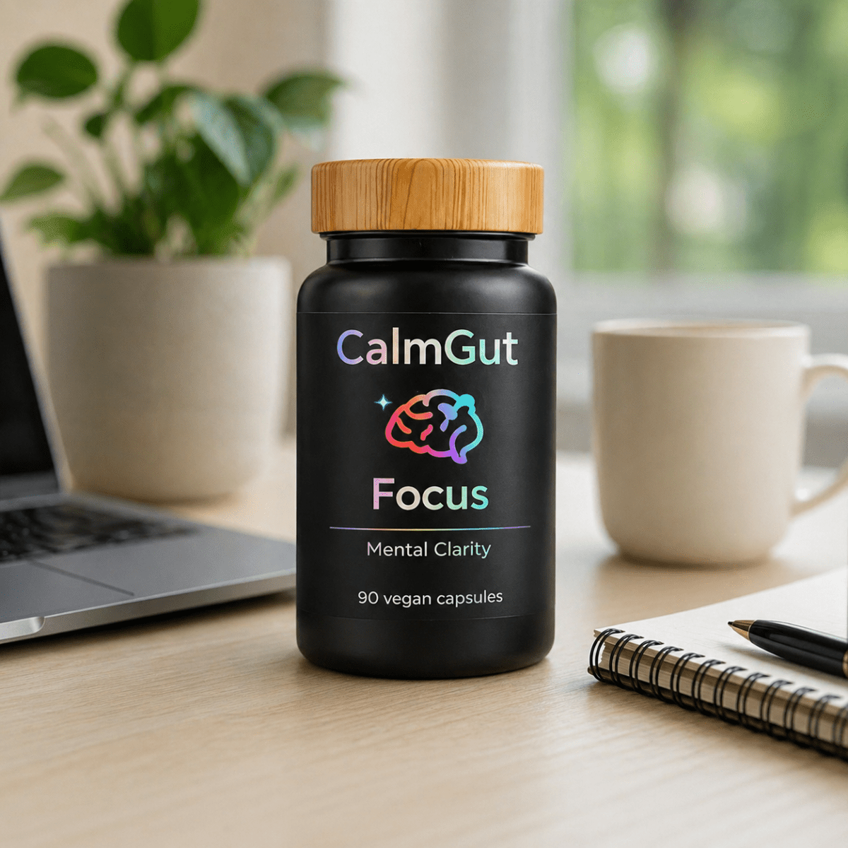 CalmGut Focus nootropic supplement bottle on wooden desk with coffee and notebook for mental clarity