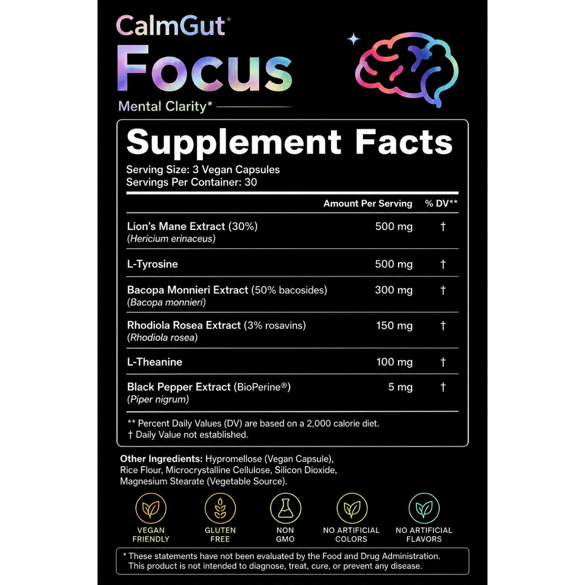CalmGut Focus supplement facts — Lion’s Mane, L-Tyrosine, Bacopa, Rhodiola, L-Theanine, BioPerine