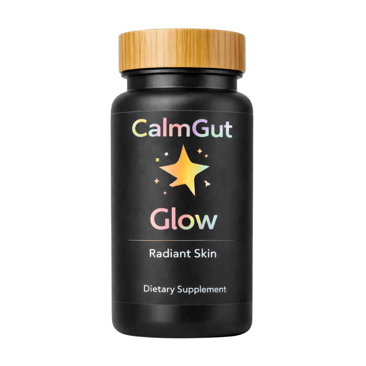 CalmGut Glow skin-gut axis supplement bottle with marine collagen, hyaluronic acid, and ceramides