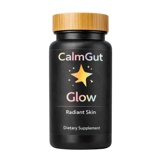 CalmGut Glow skin-gut axis supplement bottle with marine collagen, hyaluronic acid, and ceramides