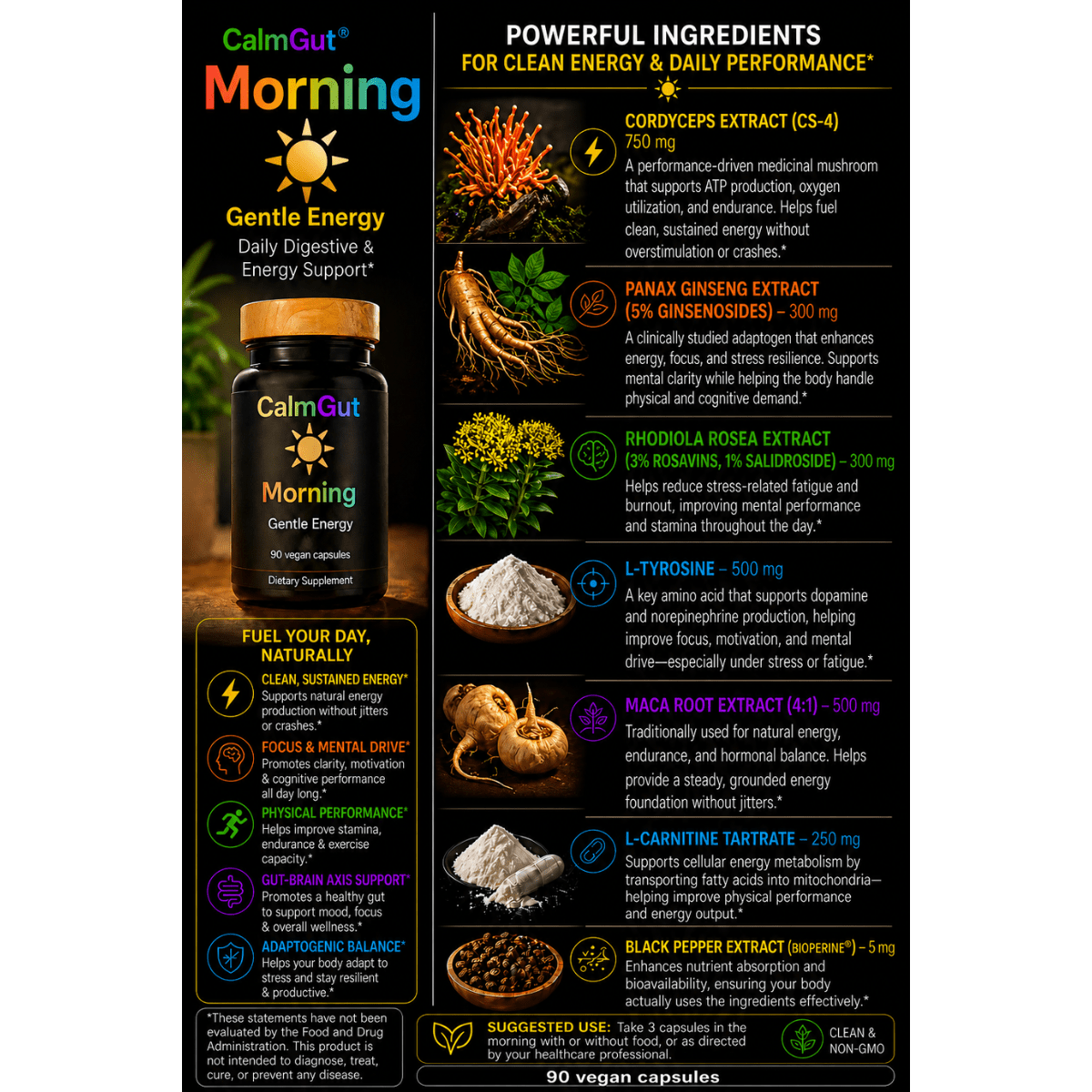 CalmGut Morning ingredients — Cordyceps, Panax Ginseng, Rhodiola, L-Tyrosine, Maca, L-Carnitine