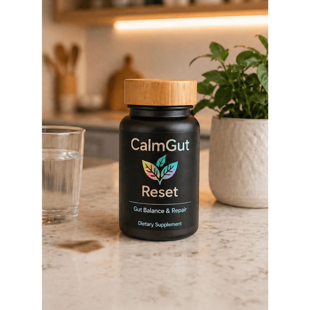 CalmGut Reset gut health supplement bottle on kitchen counter — daily gut balance and repair formula