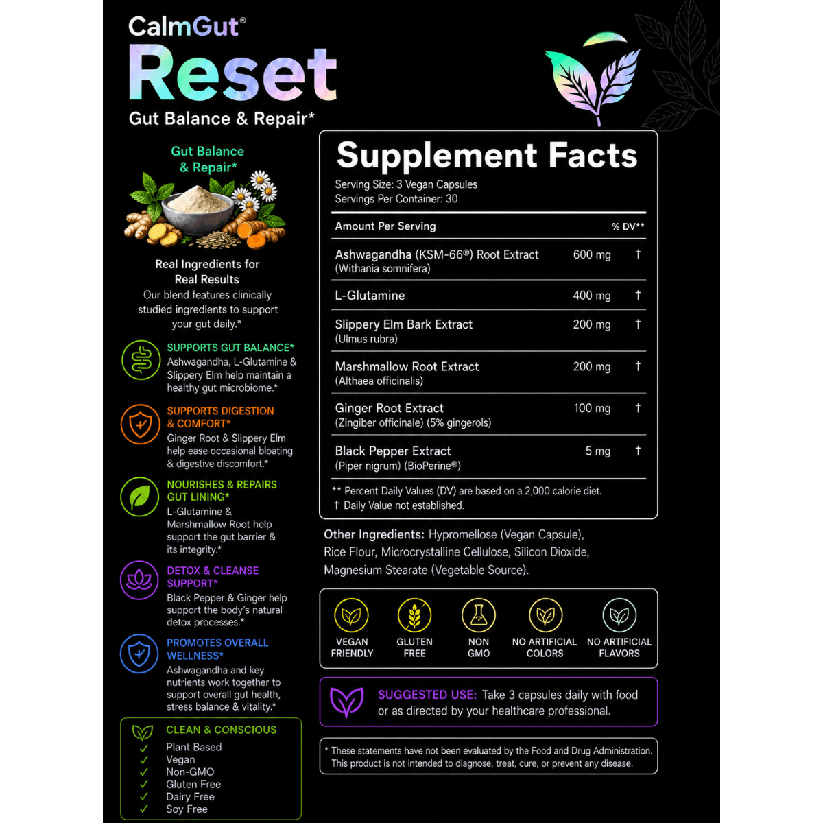 CalmGut Reset supplement facts label — KSM-66 ashwagandha 600mg, L-glutamine 400mg, 3 vegan capsules