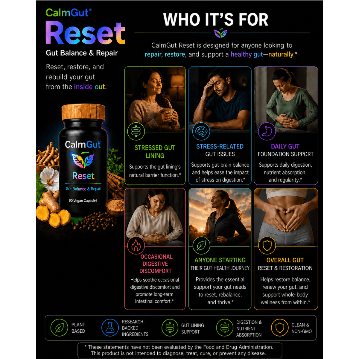 CalmGut Reset Who It’s For infographic — six gut concerns this gut repair supplement addresses