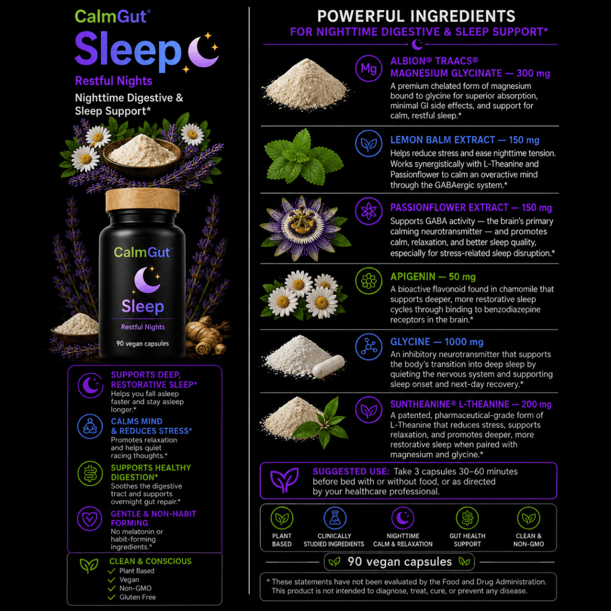 CalmGut Sleep Ingredients with magnesium glycinate, glycine, Suntheanine L-theanine, lemon balm, passionflower, Apigenin, 