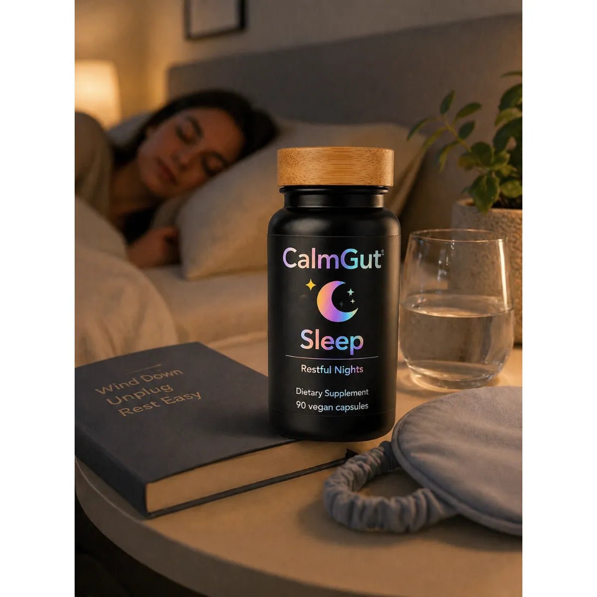 CalmGut Sleep supplement bottle on bedside nightstand — calming nighttime routine for restful sleep
