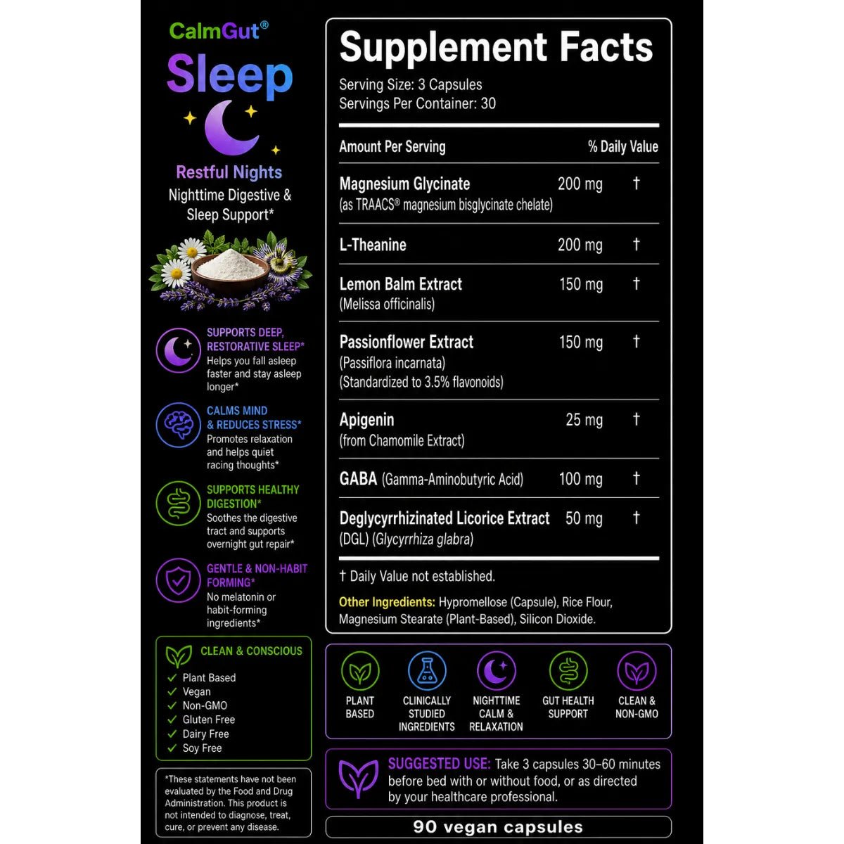 CalmGut Sleep supplement facts label — 3 vegan capsules with magnesium, L-theanine, passionflower​​​​​​​​​​​​​​​​