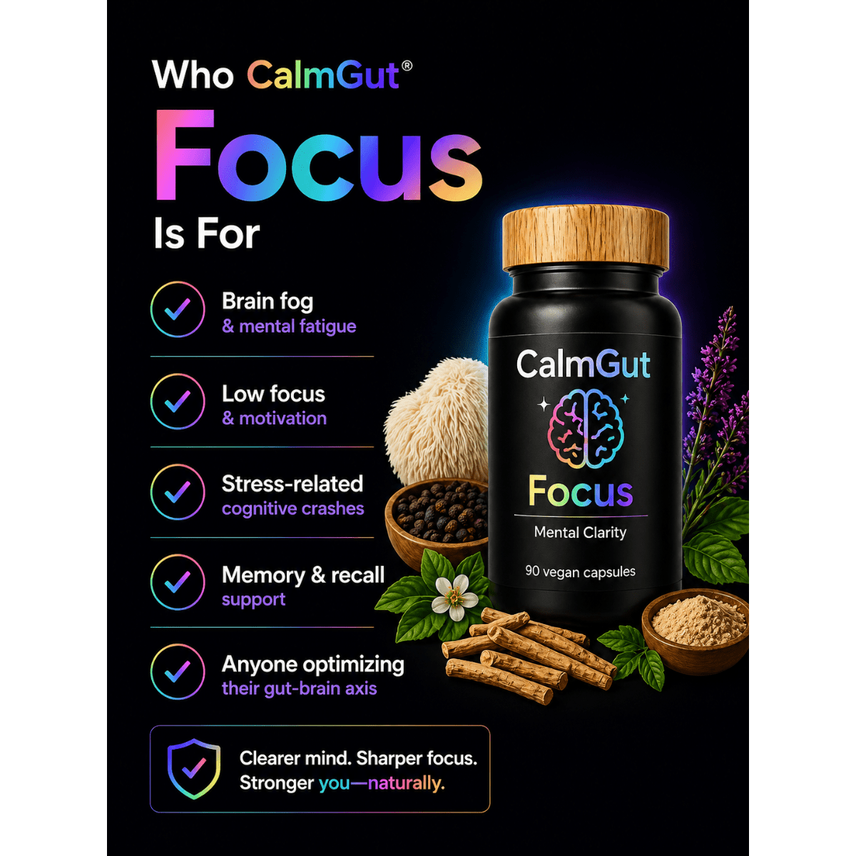 CalmGut Focus Who It’s For — brain fog, mental fatigue, low motivation, memory and focus support